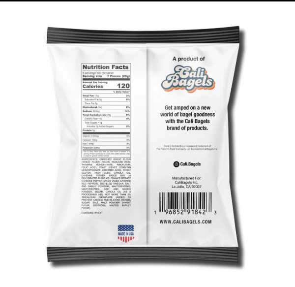 Snack Iconic Frank’s RedHot Seasoned Bagel Chips, 5oz Bag back package image - Pops Trading Company