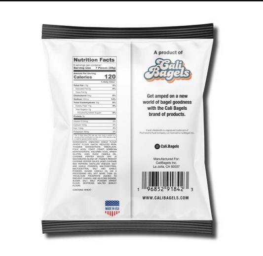 Snack Iconic Frank’s RedHot Seasoned Bagel Chips, 5oz Bag back package image - Pops Trading Company