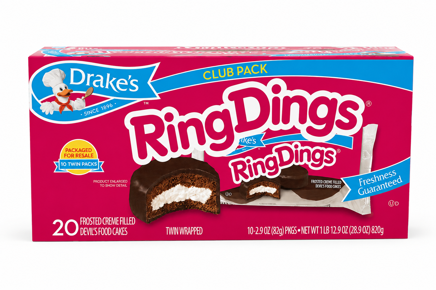 Drake's Ring Dings Club Pack – 20 Twin Packs, 40 Cakes, 28.9 oz