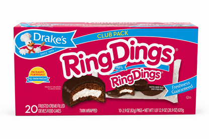 Drake's Ring Dings Club Pack – 20 Twin Packs, 40 Cakes, 28.9 oz