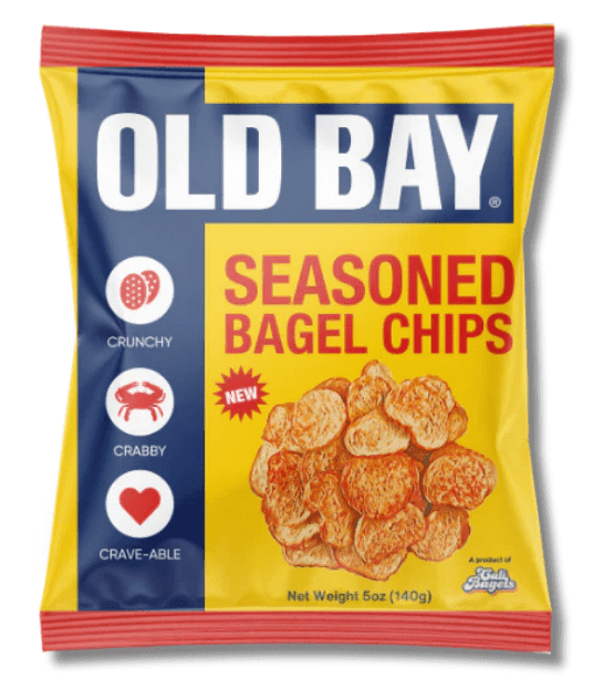 Snack Iconic OLD BAY Seasoned Bagel Chips, 5oz Bag Vegan, Plant Based front package image - Pops Trading Company