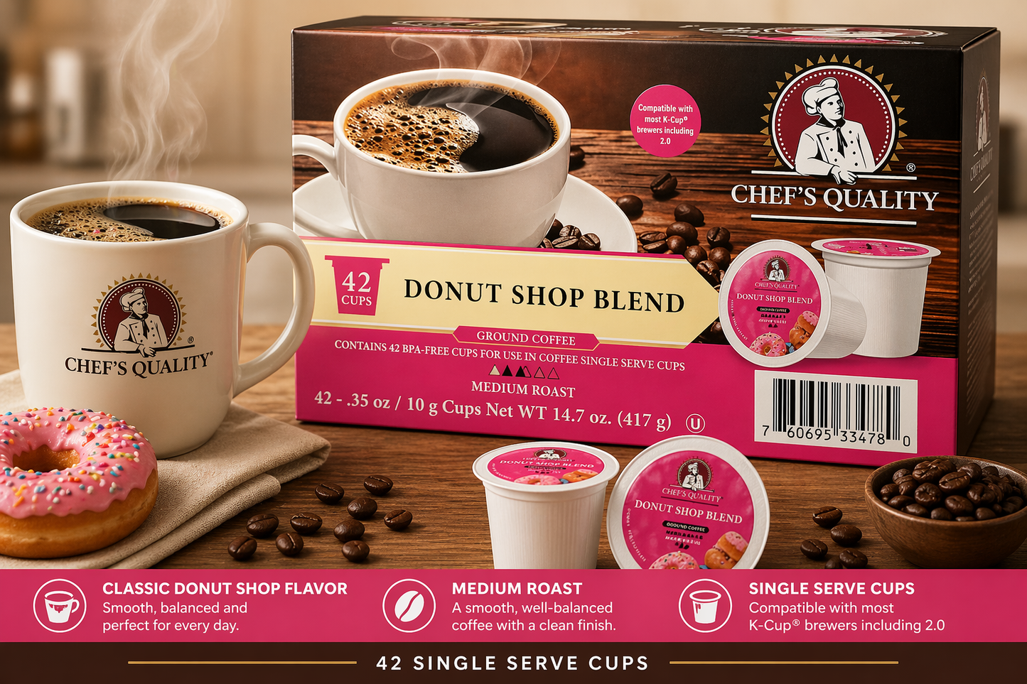 Chef's Quality Donut Shop Blend Single Serve Coffee Cups 42ct product image at Pops Trading Company
