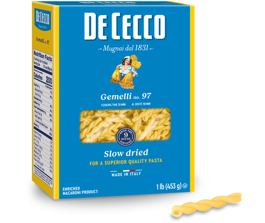 De Cecco Pasta Gemelli #97 Pasta 3-1lb Boxes front package image - Pops Trading Company