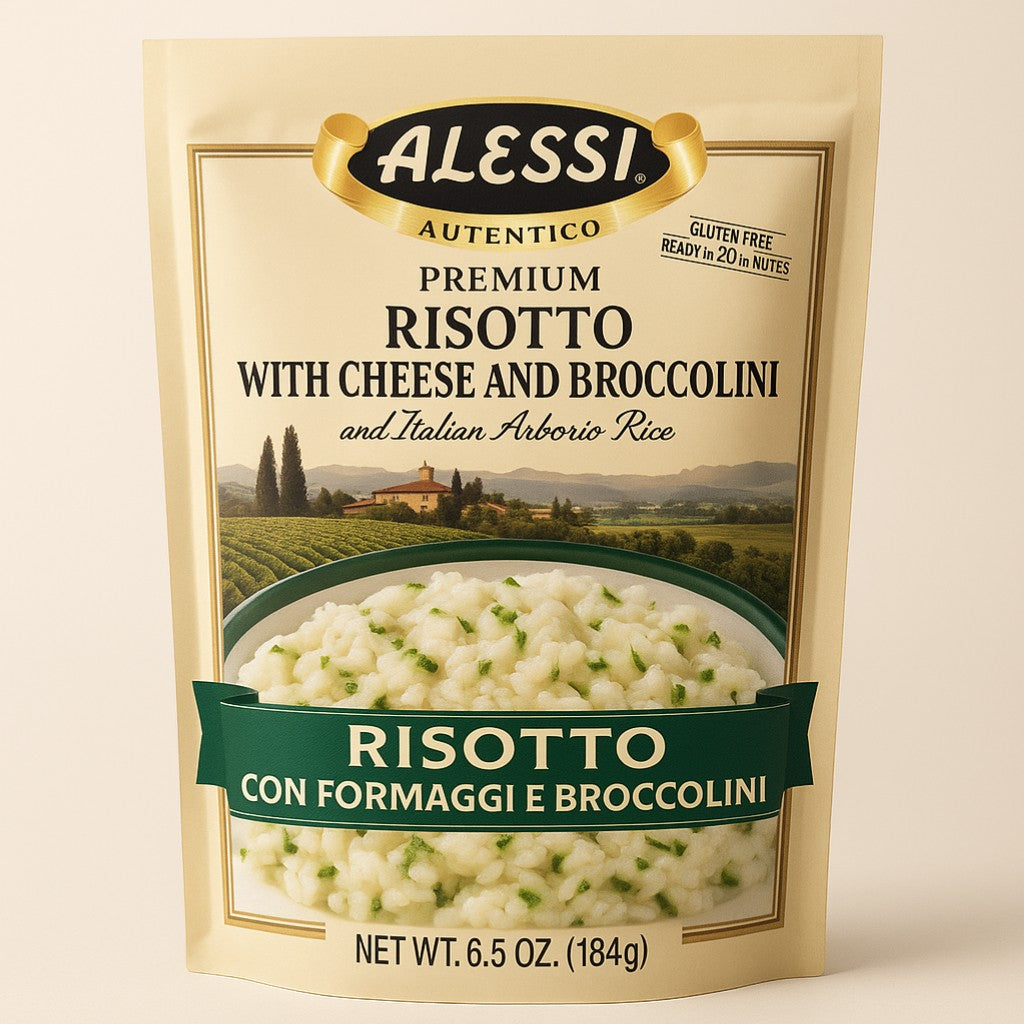 Alessi Risotto with Cheese & Broccolini 6.5 oz Pouch product image - Pops Trading Company