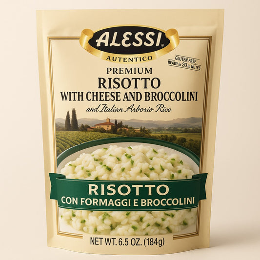 Alessi Risotto with Cheese & Broccolini 6.5 oz Pouch product image - Pops Trading Company
