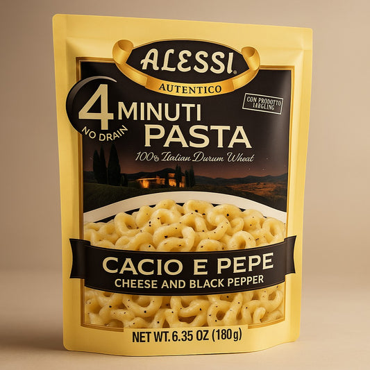 Alessi Cheese & Black Pepper 4 Minute Pasta 6.35 oz Pouch product image - Pops Trading Company