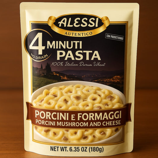Alessi Porcini Mushroom & Cheese 4 Minute Pasta 6.35 oz Pouch product image - Pops Trading Company