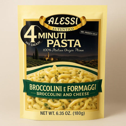 Alessi Broccolini & Cheese 4 Minute Pasta 6.35 oz Pouch product image - Pops Trading Company