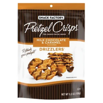 Pretzel Crisps Milk Chocolate Caramel Drizzlers 5.5oz Sweet Snack front package image - Pops Trading Company