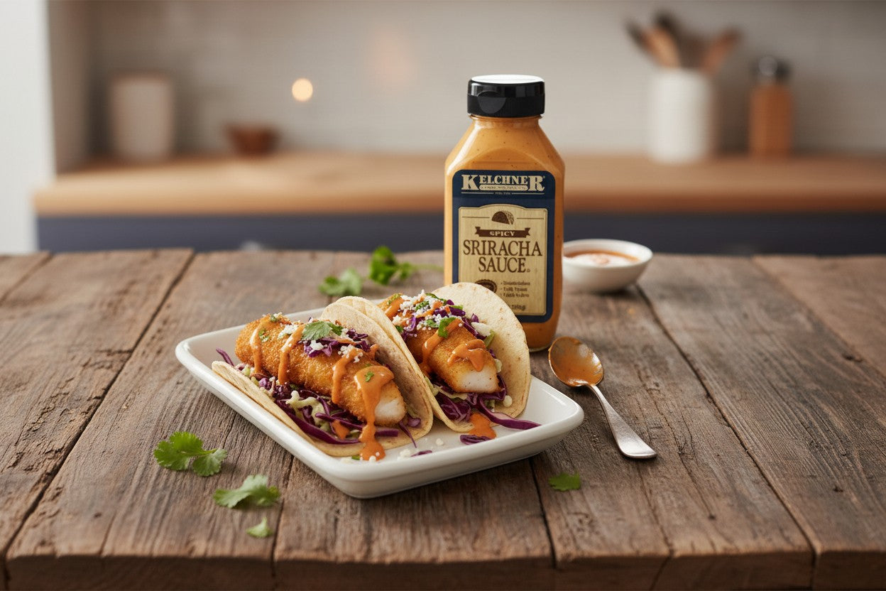 Kelchner's Spicy Sriracha Sauce 9 Ounce Squeeze Bottle Gluten free side package detail image - Pops Trading Company