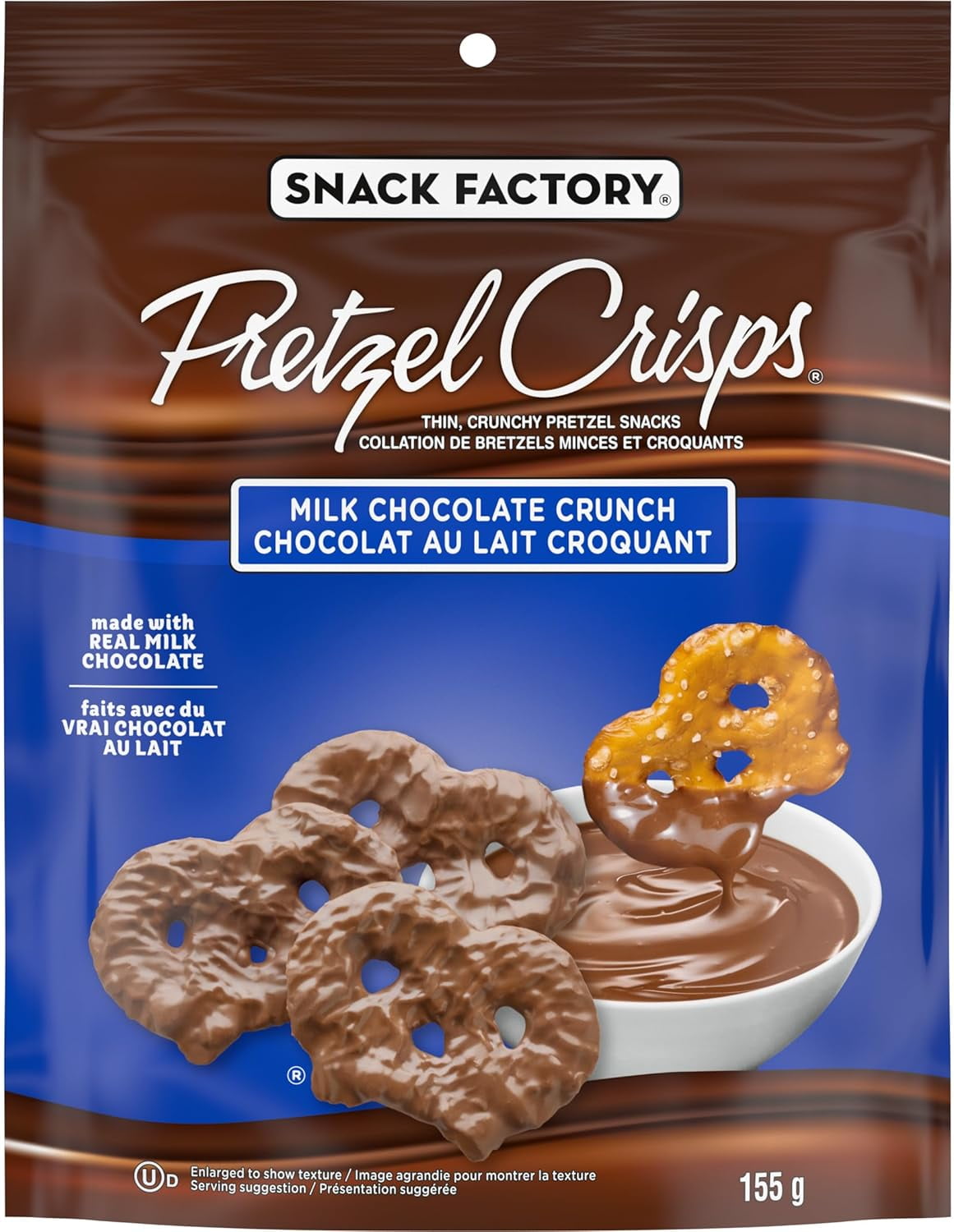 Snack Factory Milk Chocolate Crunch Pretzel Crisps, 155g/5.5 oz front package image - Pops Trading Company