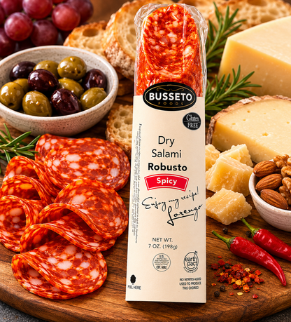 Busseto Spicy Robusto Dry Salami with pepperjack cheese green olives crackers and breadsticks
