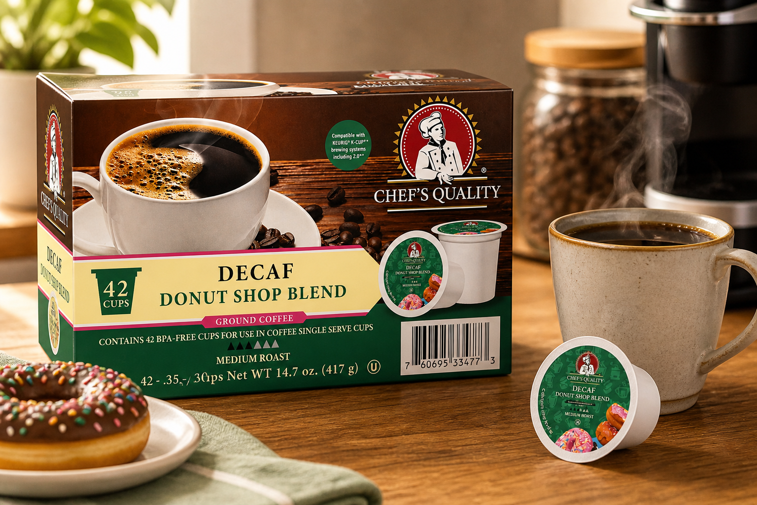 Chef's Quality Decaf Donut Shop Blend Single Serve Coffee Cups 42ct product image at Pops Trading Company