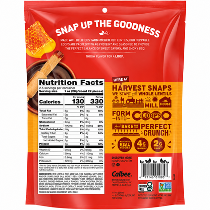 Harvest Snaps Crunchy Loops Honey BBQ Baked Red Lentil Snacks, Gluten Free, Non-GMO