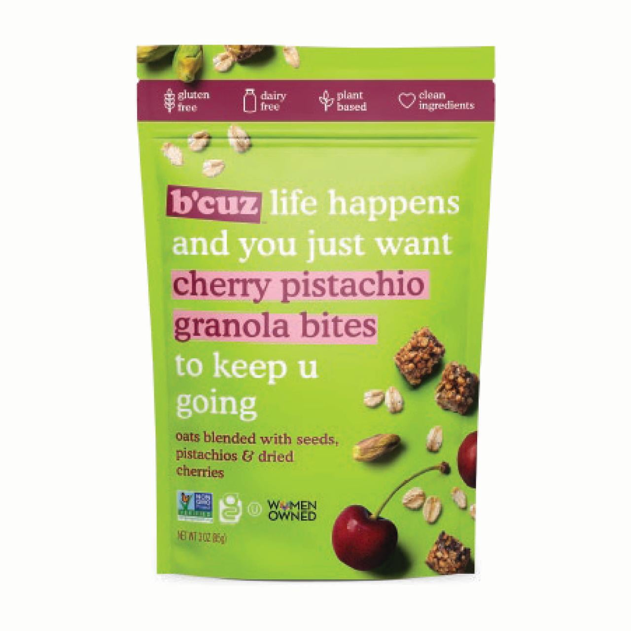 B’cuz Cherry Pistachio Granola Bites | Gluten-Free Plant-Based Snack 3oz front package image - Pops Trading Company