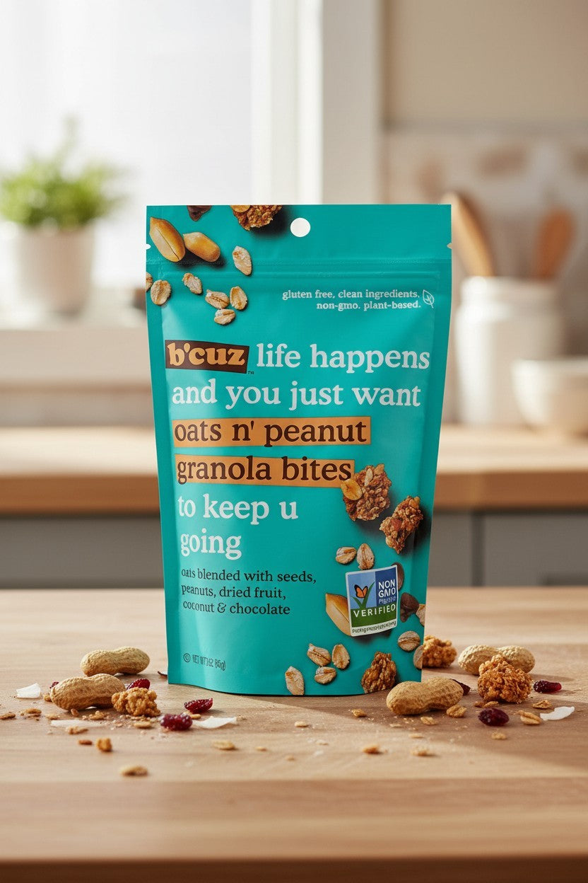 B’cuz Oats n’ Peanut Granola Bites – 3 oz Pouch lifestyle product image - Pops Trading Company