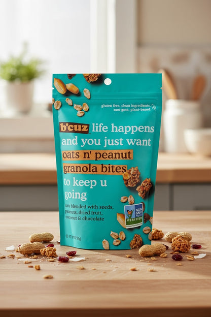 B’cuz Oats n’ Peanut Granola Bites – 3 oz Pouch lifestyle product image - Pops Trading Company