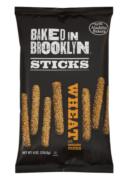 BAKED IN BROOKLYN Whole Wheat Sesame Seeds Breadsticks 6 oz front package image - Pops Trading Company