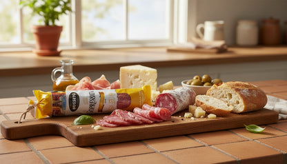 Busseto Dolce Sopressata chub with sliced sopressata, cheese, olives, bread, basil, and olive oil on a wooden charcuterie board in a warm kitchen setting.