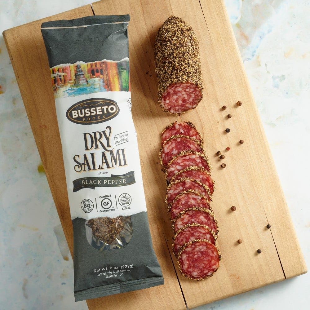 Busseto Dry Cured Salami with Black Pepper – 8 oz Italian Salami Chub back package image - Pops Trading Company