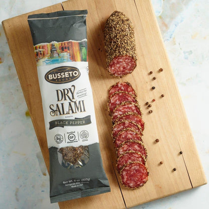 Busseto Dry Cured Salami with Black Pepper – 8 oz Italian Salami Chub back package image - Pops Trading Company