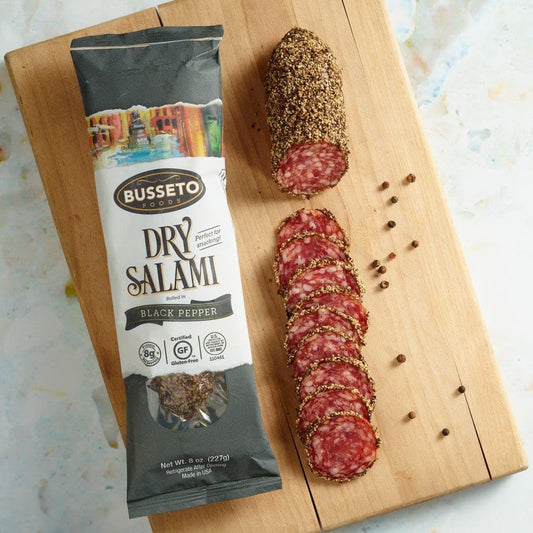 Busseto Dry Cured Salami with Black Pepper – 8 oz Italian Salami Chub back package image - Pops Trading Company