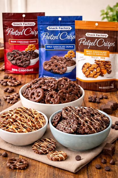 Snack Factory Milk Chocolate Crunch Pretzel Crisps, 155g/5.5 oz nutrition facts and ingredients image - Pops Trading Company