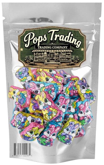 Pops Trading Company Foil Wrapped Milk Chocolate Flavored Mini Easter Bunnies 16oz back package image - Pops Trading Company