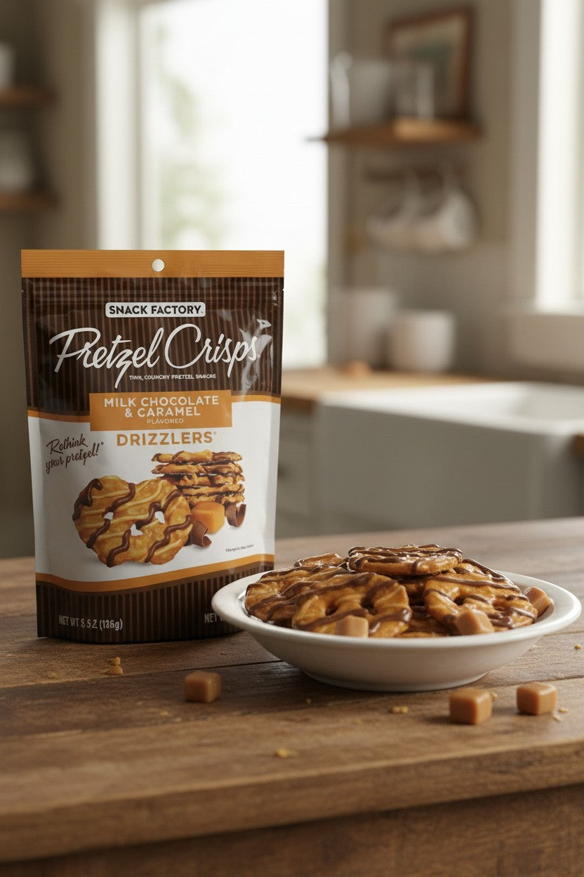 Pretzel Crisps Milk Chocolate Caramel Drizzlers 5.5oz Sweet Snack lifestyle product image - Pops Trading Company