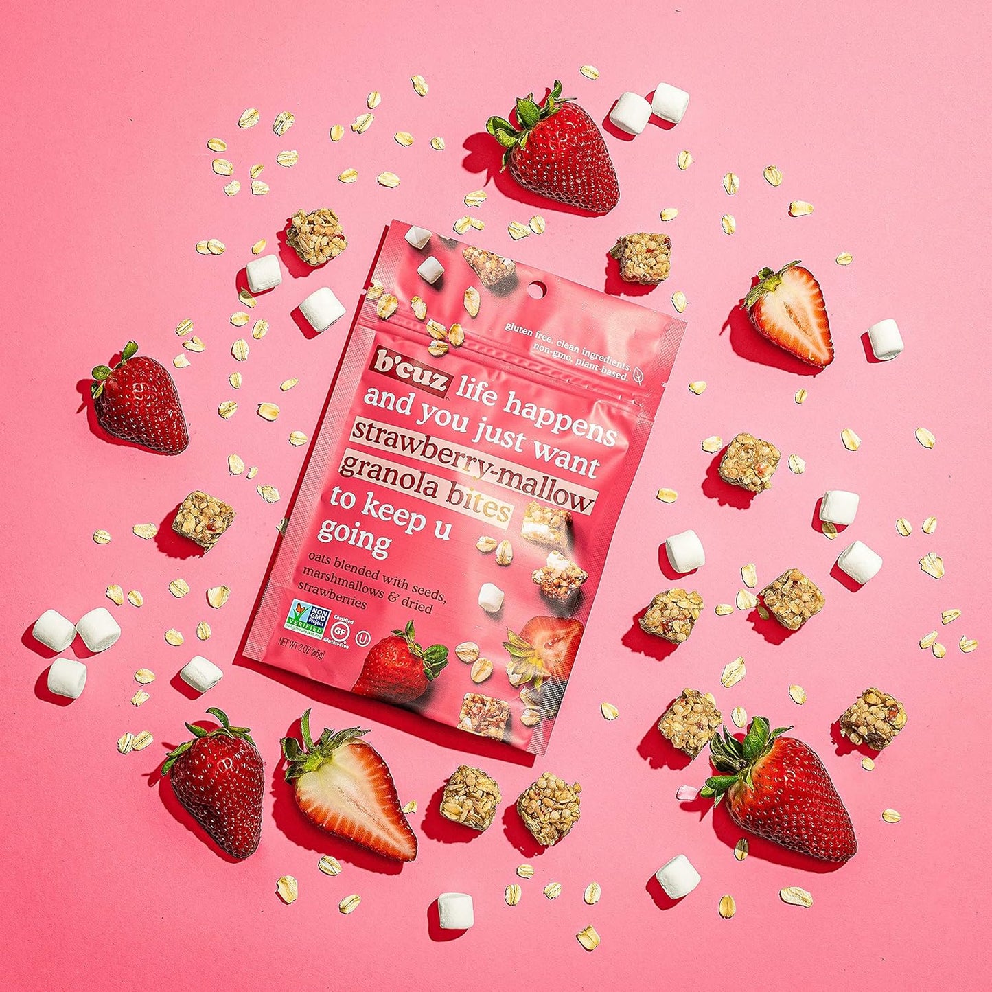 B'cuz Granola Bites Strawberry Mallow 3oz nutrition facts and ingredients image - Pops Trading Company