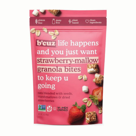 B'cuz Granola Bites Strawberry Mallow 3oz front package image - Pops Trading Company