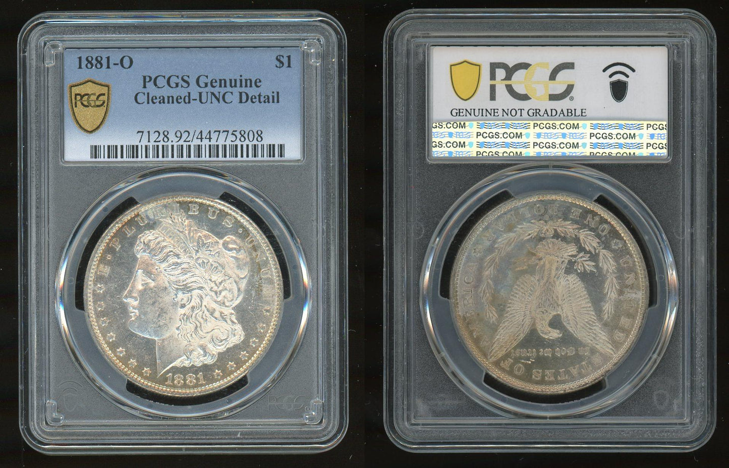 1881-O Morgan Silver Dollar PCGS Genuine Cleaned UNC Detail certified coin obverse and reverse