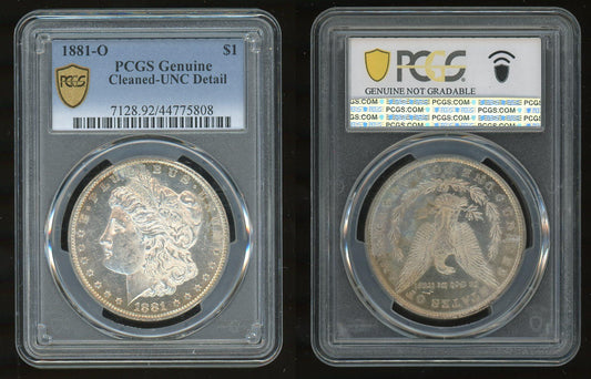 1881-O Morgan Silver Dollar PCGS Genuine Cleaned UNC Detail certified coin obverse and reverse