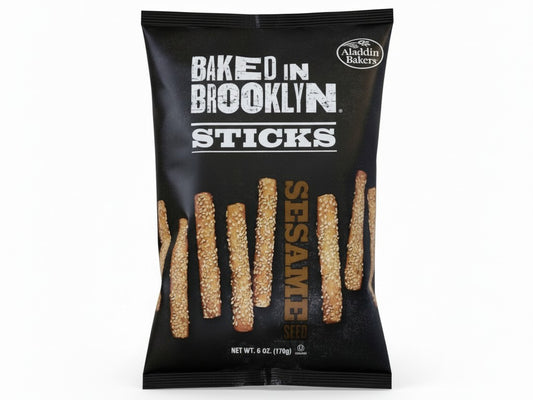 Baked in Brooklyn, Sesame Seed Stick Snacks 6oz front package image - Pops Trading Company