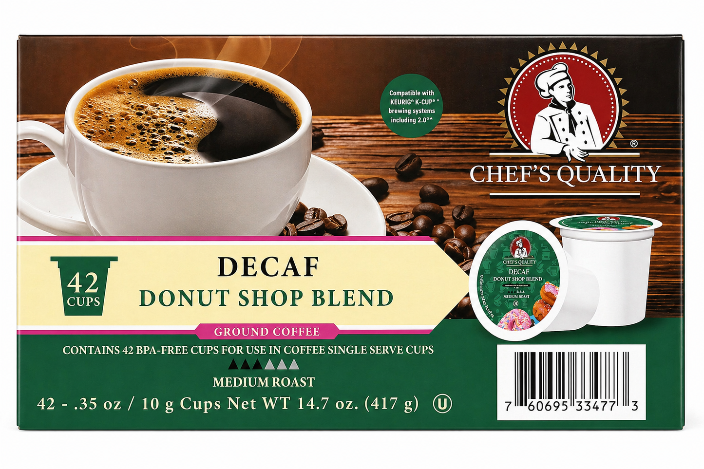 Chef's Quality Decaf Donut Shop Blend Single Serve Coffee Cups 42ct product image at Pops Trading Company