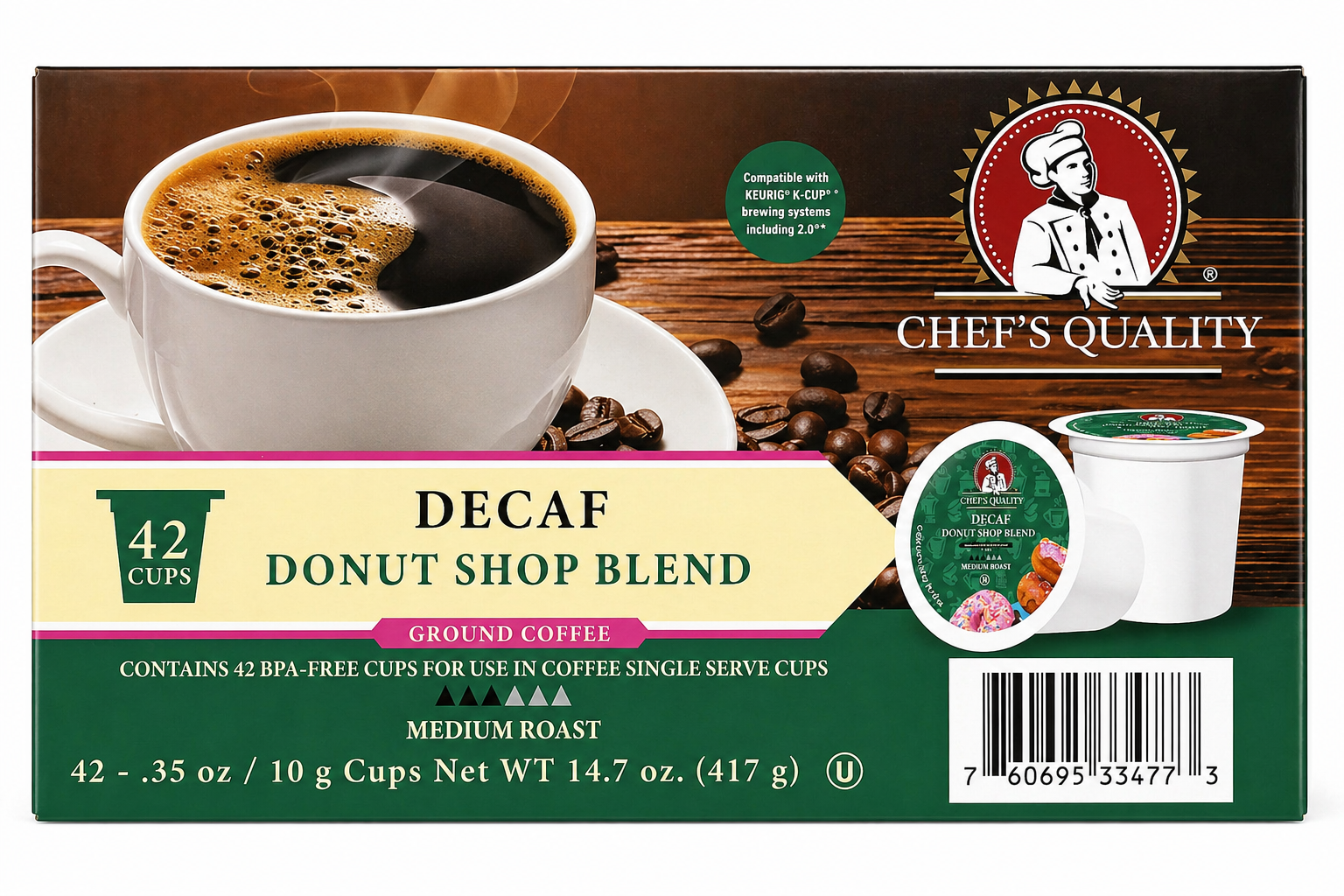 Chef's Quality Decaf Donut Shop Blend Single Serve Coffee Cups 42ct product image at Pops Trading Company