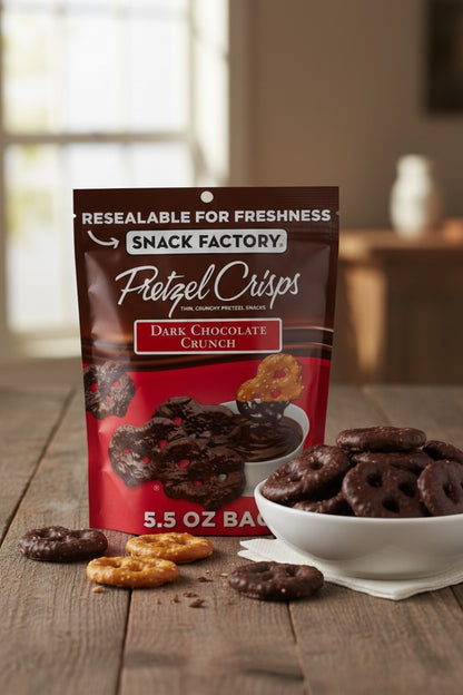 Snack Factory Pretzel Crisps, Dark Chocolate Covered Pretzels, 5.5 oz lifestyle product image - Pops Trading Company