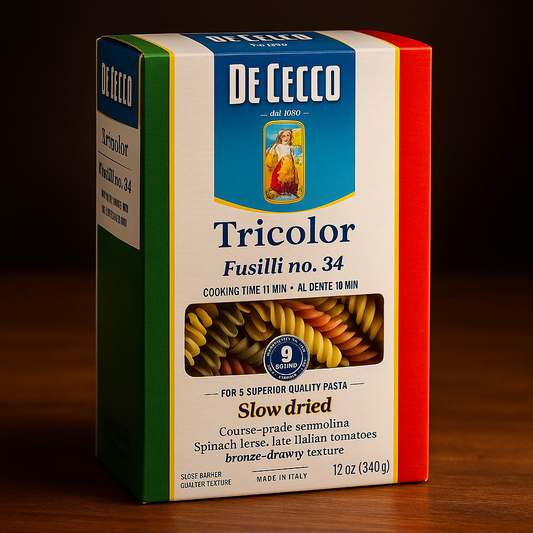 De Cecco Fusilli Tricolor No. 34 12 oz Box package image