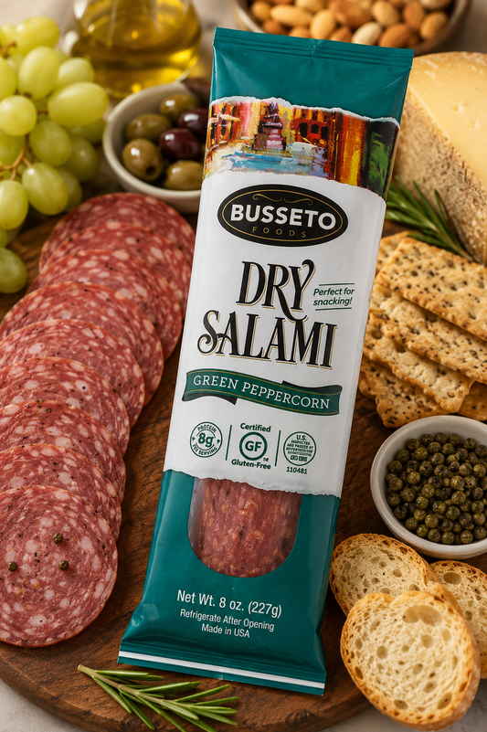 Busseto Green Peppercorn Dry Salami with strong cheese mushrooms olives crackers and breadsticks