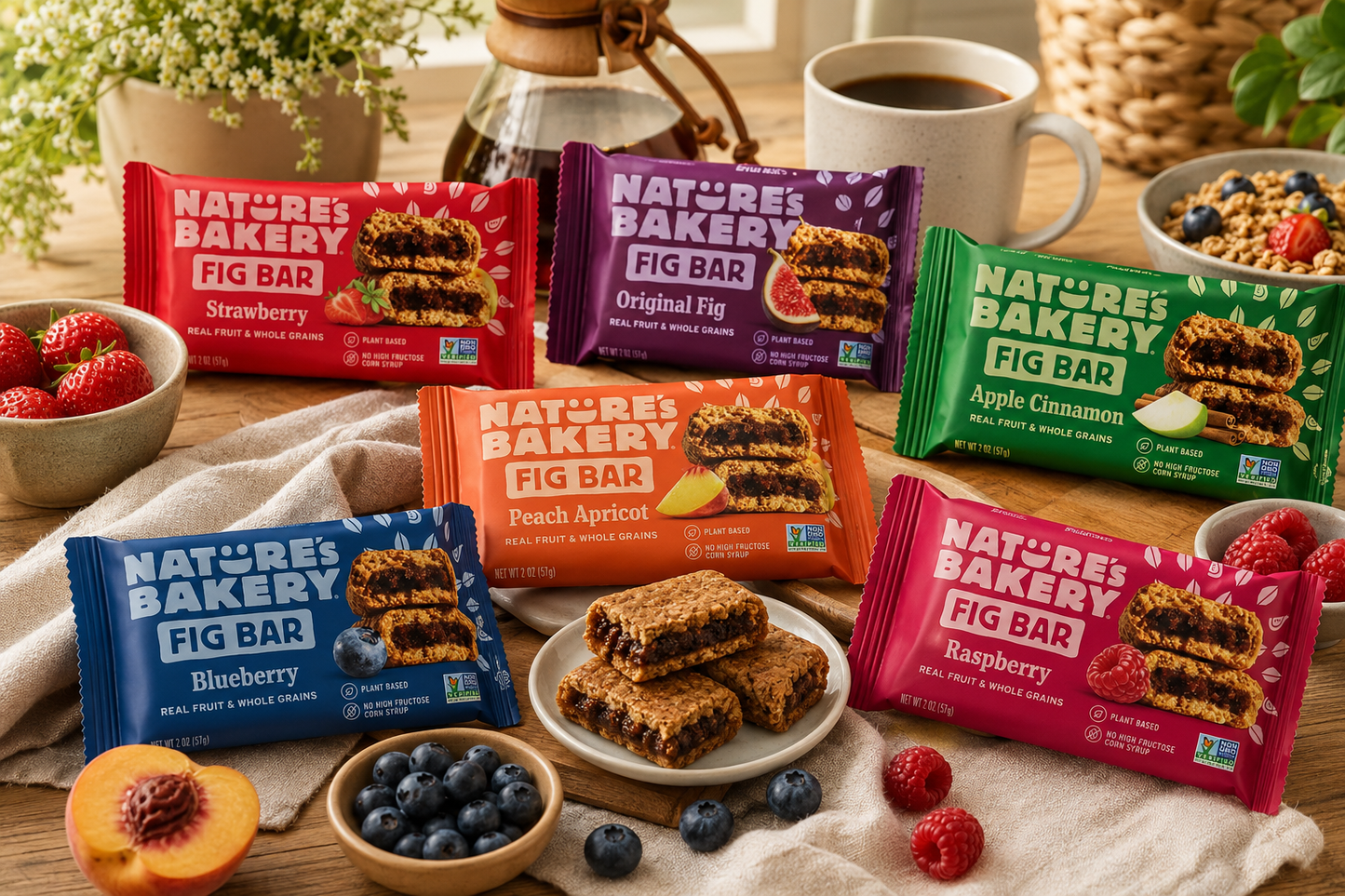 Nature’s Bakery Fig Bars lifestyle image featuring Strawberry, Blueberry, Raspberry, Peach Apricot, Apple Cinnamon, and Original Fig snack bars with fresh fruit, coffee, granola, and rustic kitchen décor on a wooden table.

