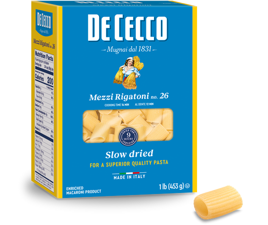 De Cecco Mezzi Rigatoni Napoletani # 26 Pasta 3-1lb Boxes front package image - Pops Trading Company