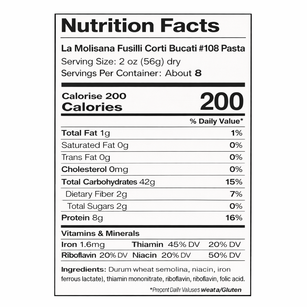 La Molisana Fusilli Corti Bucati #108 Pasta – 3 Pack (3 × 16 oz Bags) back package image - Pops Trading Company