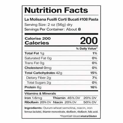 La Molisana Fusilli Corti Bucati #108 Pasta – 3 Pack (3 × 16 oz Bags) back package image - Pops Trading Company