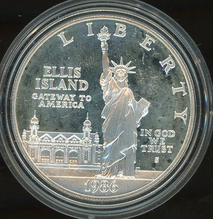 1986 Ellis Island Silver Dollar Commemorative Proof Coin Statue of Liberty by US Mint product packaging