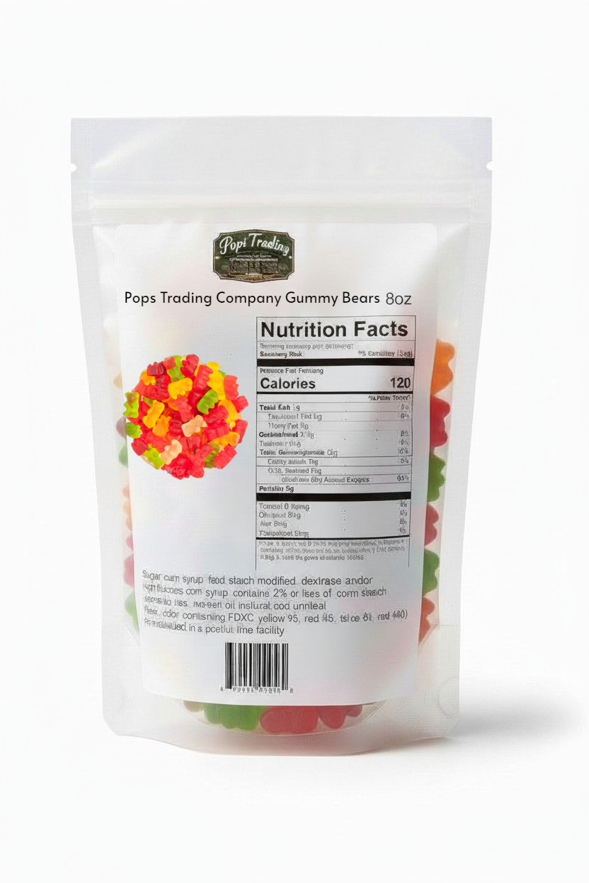 Pops Trading Company Gummy /Gummi Bears 5 Fruit Flavors -8 oz front package image - Pops Trading Company