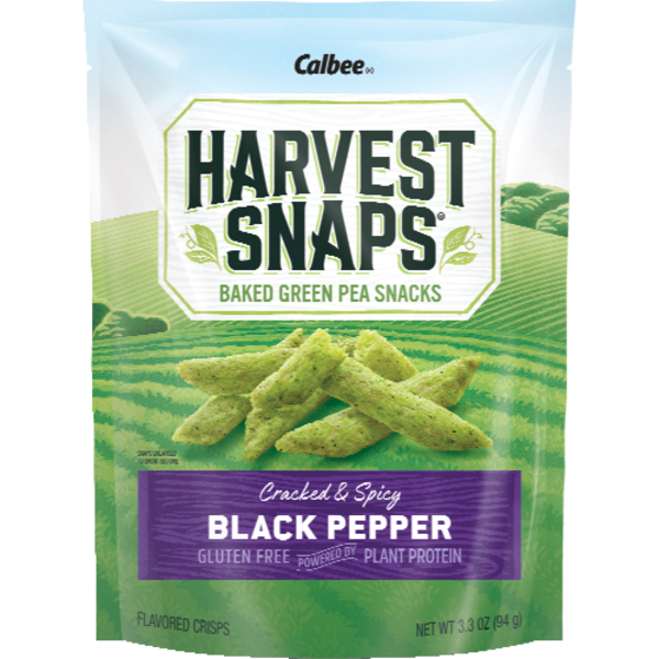 Calbee Harvest Snaps Black Pepper Snapea Crisps 3.3 oz front package image - Pops Trading Company