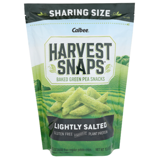 Calbee Harvest Snaps Lightly Salted Green Pea Crisps Sharing Size 10 oz front package image - Pops Trading Company