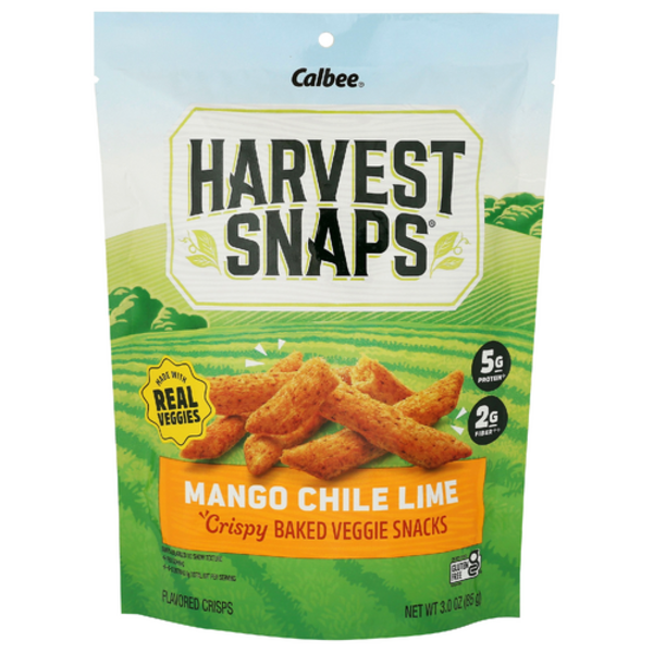 Calbee Harvest Snaps Mango Chile Lime Red Lentil Crisps 3 oz front package image - Pops Trading Company