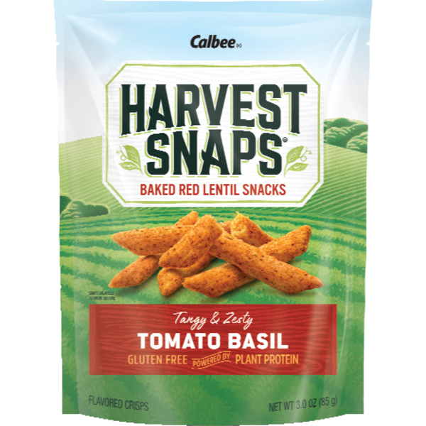 Calbee Harvest Snaps Tomato Basil Red Lentil Crisps 3 oz front package image - Pops Trading Company
