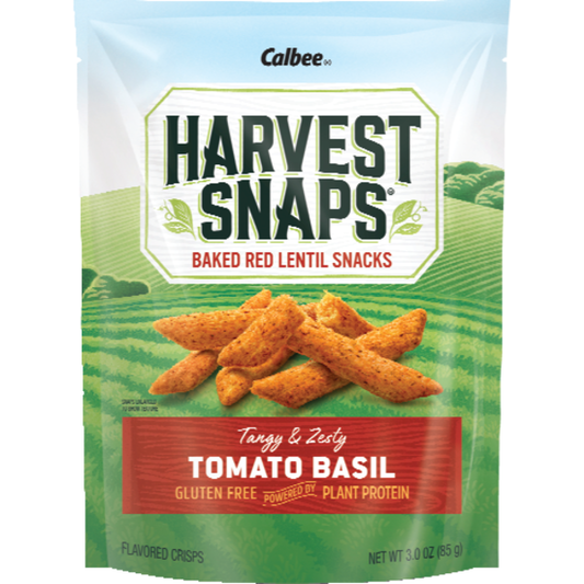 Calbee Harvest Snaps Tomato Basil Red Lentil Crisps 3 oz front package image - Pops Trading Company